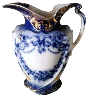 English Victorian Style White, Blue and Gold Porcelain Pitcher, 1880s