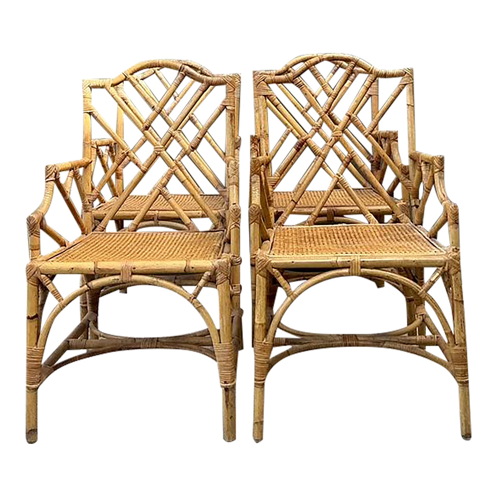 Vintage Chinese Chippendale Rattan Dining Chairs With Cane Seats - Set ...