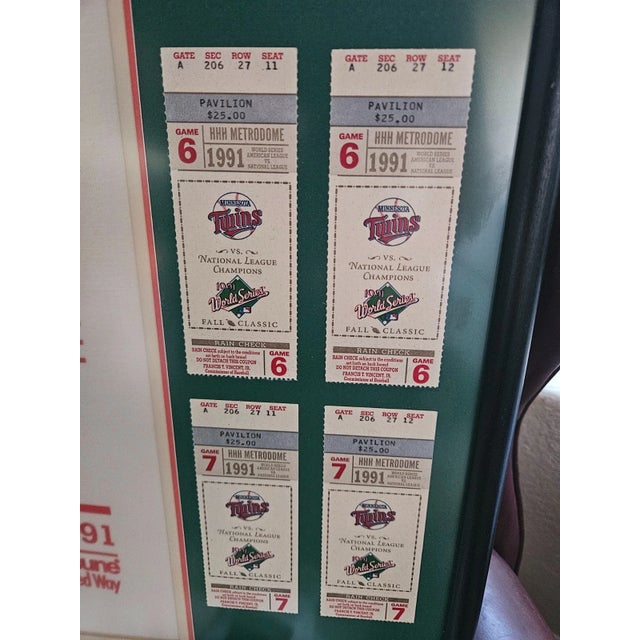 1990s Minnesota Twins World Series Homer Hanky Rally Towel Framed With Ticket Stubs. For Sale - Image 9 of 9