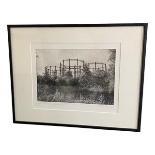 Barbara Webb, Gasometers, Kings Cross, Limited Edition Etching, 1990s, Framed For Sale