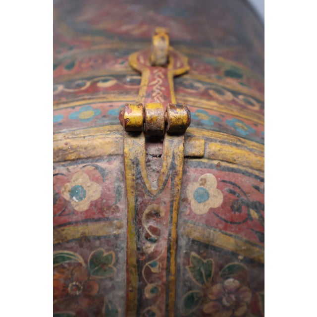 Antique Indonesian Handcrafted Metal Storage Vessel With Hand-Painted Floral Cartouches & Ornamental Hardware For Sale - Image 9 of 18