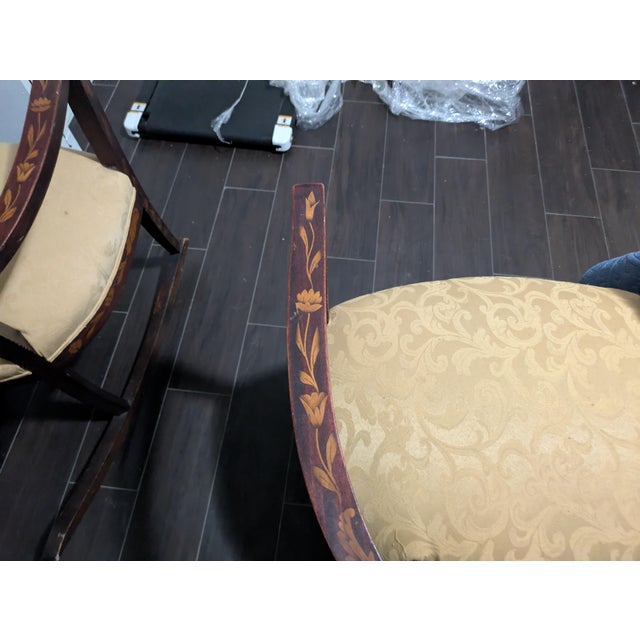Dutch School Pair 19th Century Dutch Marquetry Inlaid Mahogany Upholstered Armchairs For Sale - Image 4 of 12