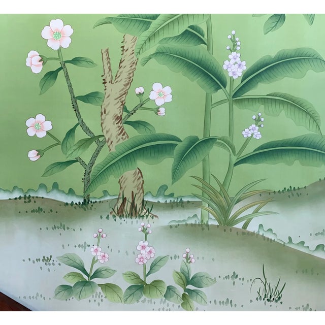 Hand Painted Green Chinoiserie Floral & Bird Mural Panels (5-Piece Set) For Sale - Image 6 of 6