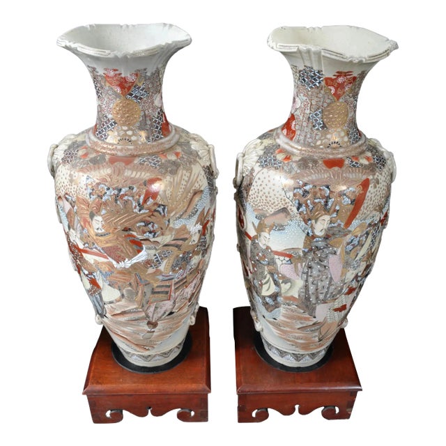Pair of Monumental Antique Japanese Meiji Period Satsuma Pottery Vases With Stands Circa 1900 For Sale