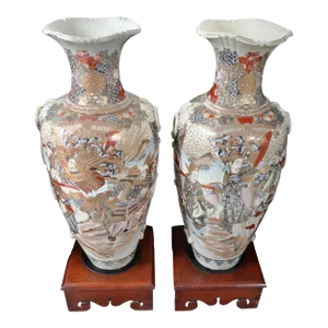 Pair of Monumental Antique Japanese Meiji Period Satsuma Pottery Vases With Stands Circa 1900