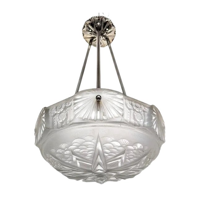 French Art Deco Pendant Chandelier by Muller Freres ( Pair Available ) For Sale