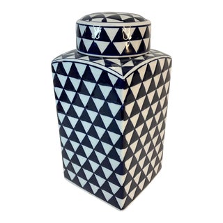 1980s Post-Modern Contemporary Ink Blue and White Square Ginger Jar. For Sale