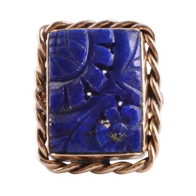 This is part of Chairish’s Fine Jewelry assortment. Vintage carved lapis 14KY ring, circa 1955. This 14 karat yellow gold...