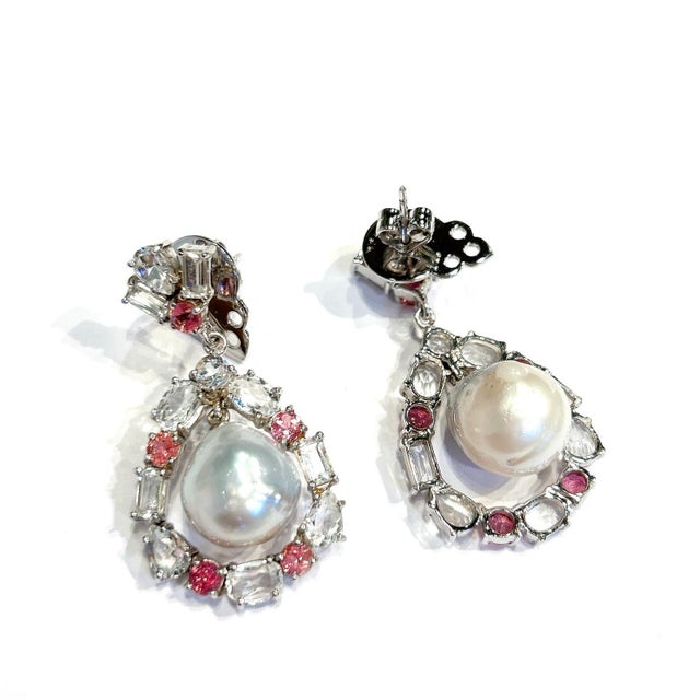 2000 - 2009 Bochic "Orient" Vintage Pink Sapphire, Topaz & Pearls Earrings Set 18K Gold & Silver For Sale - Image 5 of 8