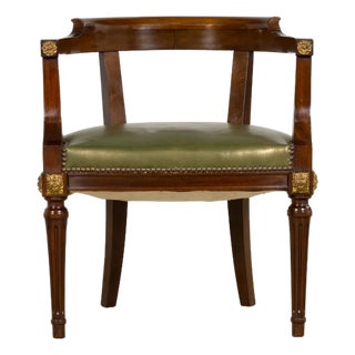 Late 19th Century French Napoleon III Mahogany Desk Chair With Olive Green Leather For Sale