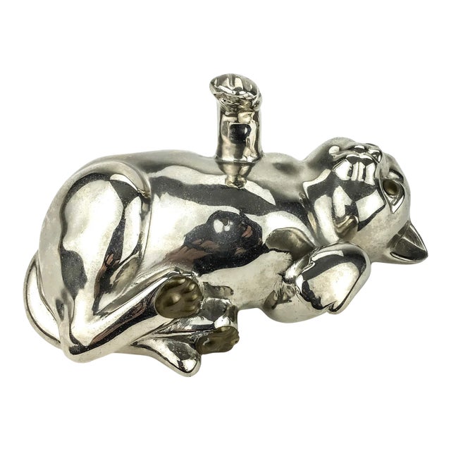 Vintage Pewter Playful Cat Kitty Paper Weight For Sale