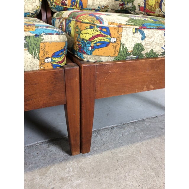 Brown Mid Century Maple Three Piece Sectional Sofa With Shelving and Vintage Colonial Patterned Upholstery For Sale - Image 8 of 18