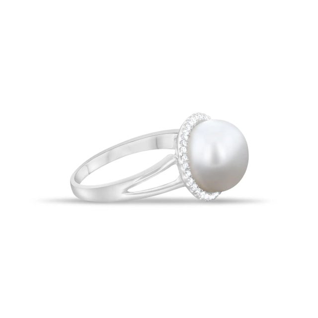 Contemporary 10MM Freshwater Pearl Diamond Halo Ring, Size 10 For Sale - Image 3 of 3