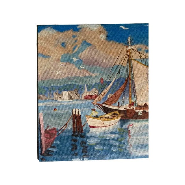 American Vintage Oil Painting on Board Depicting a Harbor Scene, Artist Signed and Dated 1952 For Sale - Image 3 of 9