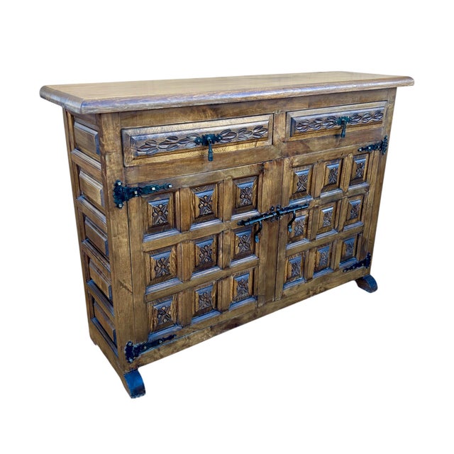 Spanish Rustic Sideboard with Hand-Carved Panels and Original Iron Hardware, 1960 For Sale - Image 10 of 10
