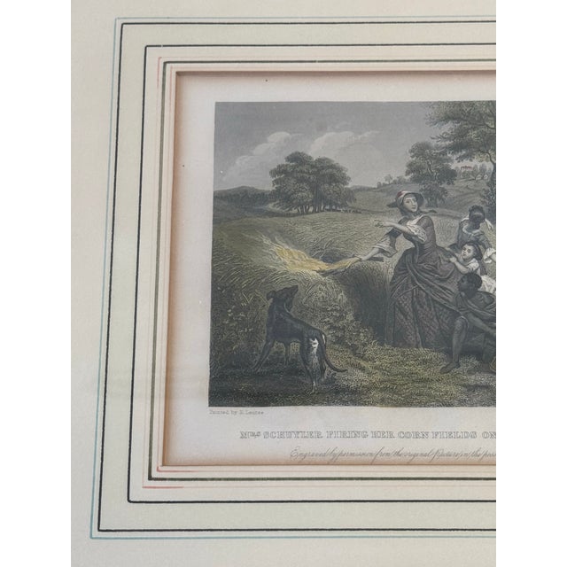 American Antique Hand-Tinted Engraving – 'Mrs. Schuyler Firing Her Corn Fields' in Ornate Gold Frame For Sale - Image 3 of 12