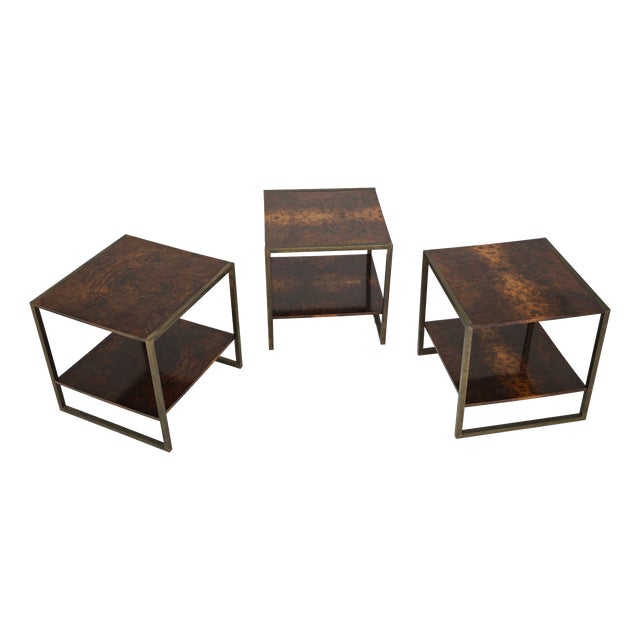 Mid-Century Modern Brass and Wood Coffee Tables, Italy, 1970s, Set of 3 For Sale