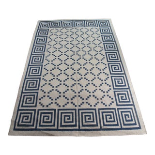 VTG Blue & White Geometric Greek Key Cotton Flatweave Kilim Area Rug Carpet 6x9' For Sale