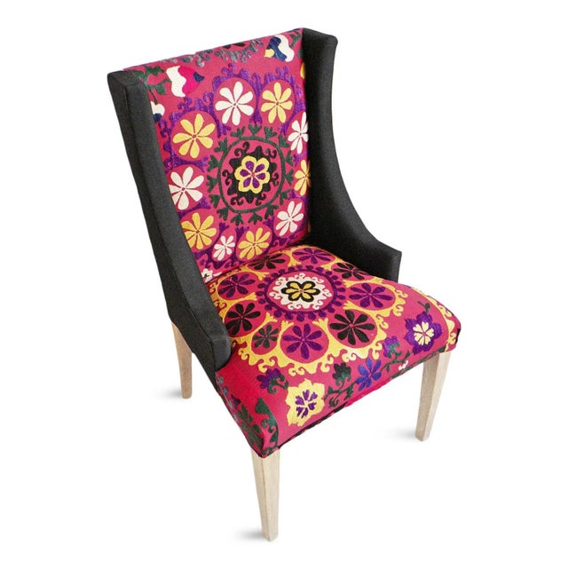 Boho Chic Vintage Raspberry Suzani Upholstered Accent Chair For Sale - Image 3 of 5