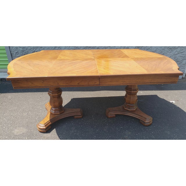 Mid-Century Modern 1970s Thomasville Double Pedestal Walnut Bookmatched and Banded Top With Custom Pads For Sale - Image 3 of 12