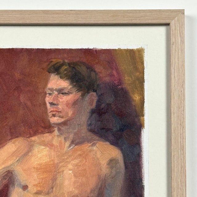 Vintage Expressionist Male Figurative Portrait, Framed (Oil on Canvas Paper). Housed in a blond wood frame under glass. In...