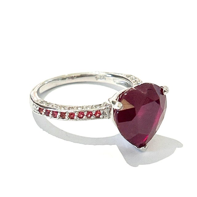 This is part of Chairish’s Fine Jewelry assortment. Natural heart shape ruby - 3 carats Natural Single cut gray diamonds...