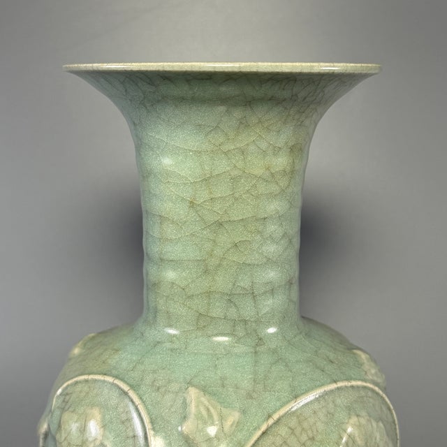 Chinese Antique Chinese Celadon Relief‑Carved Flared Rim Vase, Collectible Antique For Sale - Image 3 of 7