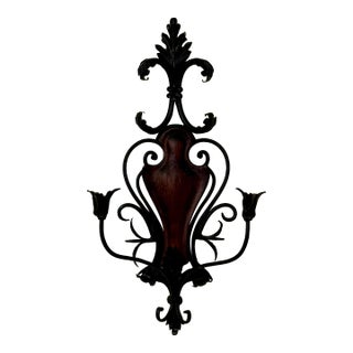 French Rococo Black Wrought Iron & Walnut Wood Double Candle Wall Sconce For Sale