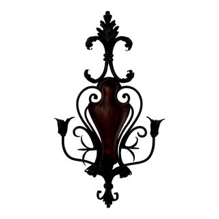 French Rococo Large Wrought Iron & Walnut Wood Candle Wall Sconce For Sale