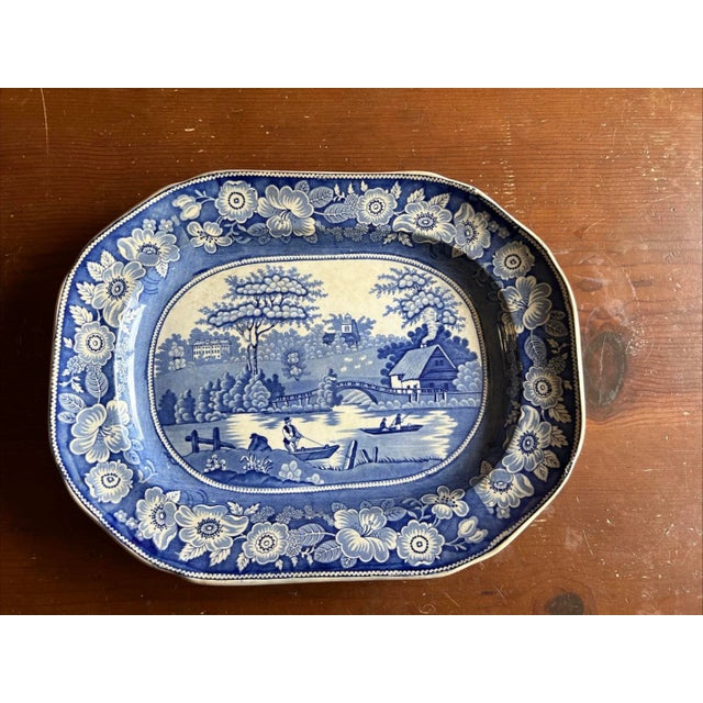 Antique Dark Blue Transfer Decorated Staffordshire Platter, "Wild Rose" For Sale - Image 11 of 12