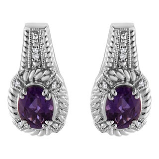 .925 Sterling Silver 8x6 MM Natural Oval Purple Amethyst Gemstone and Diamond Accent Art Deco Style Drop and Dangle Earrings (I-J Color,I1-I2 Clarity) For Sale