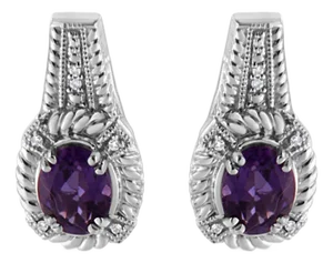 .925 Sterling Silver 8x6 MM Natural Oval Purple Amethyst Gemstone and Diamond Accent Art Deco Style Drop and Dangle Earrings (I-J Color,I1-I2 Clarity)