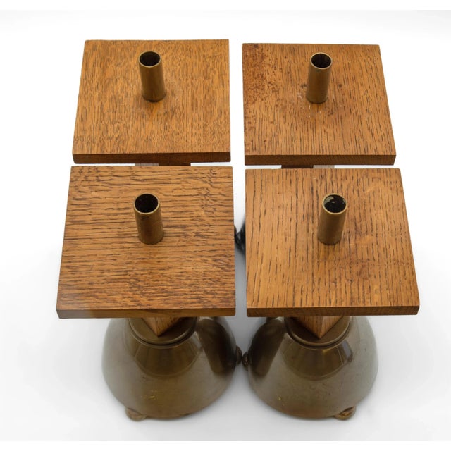 Mid-Century Modern Brutalist Oak & Brass Candleholders, Set of 4 For Sale - Image 3 of 9