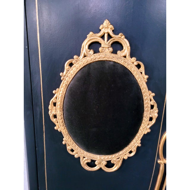 Early 20th Century Custom French Louis XV Style Midnight Blue Armoire With Antique Brass & Velvet Medallions For Sale - Image 5 of 14