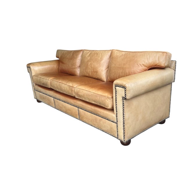 Vintage English Leather Sofa Tan Color Nail Head Trim Feather Down Cushions For Sale - Image 18 of 18