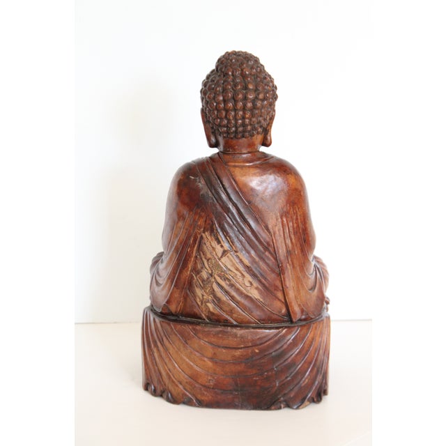 LRG 16" Hand-Carved Hardwood Meditative Buddha Statue For Sale - Image 9 of 11