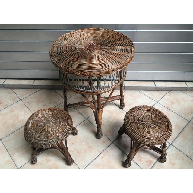 Table and 2 Wicker Stools 1960s, Set of 3 For Sale - Image 13 of 14