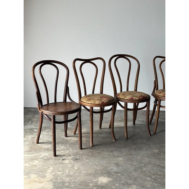 Traditional Bentwood Oak Café Chairs W/ Rose Floral Seats, 1933 World's Fair — Set of 7 For Sale - Image 3 of 17