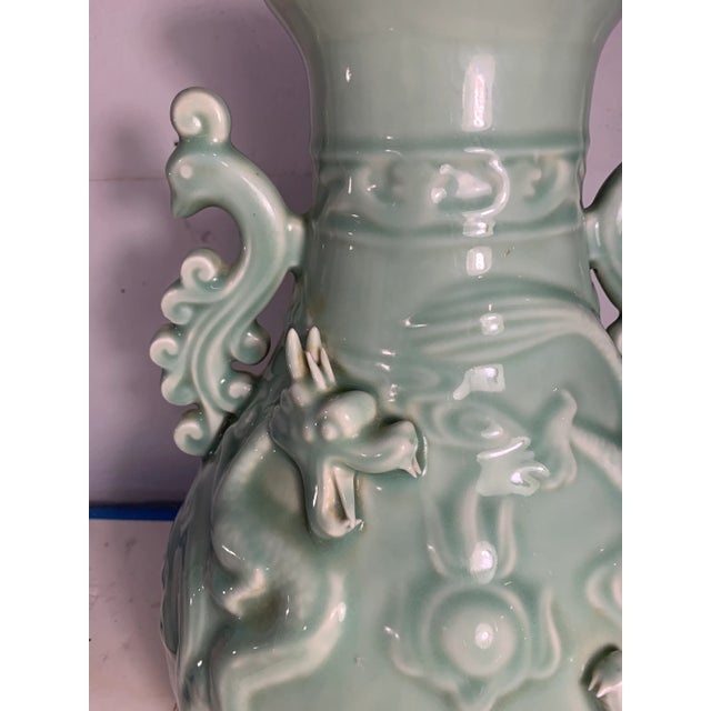 Celadon 1970s Vintage Large Celadon Dragon Urn/Vase With Peacock Handles For Sale - Image 8 of 10