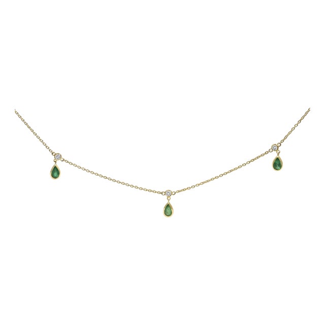 10K Yellow Gold Dangling 5x3 mm Green Emerald and Diamond Station Necklace - 18" Inches For Sale