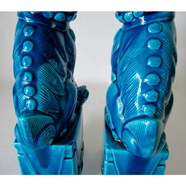 Vintage. C.1935-50's (Japan) Ceramic Porcelain Cerulean Blue Glazed Foo Dogs - Pair For Sale - Image 14 of 18