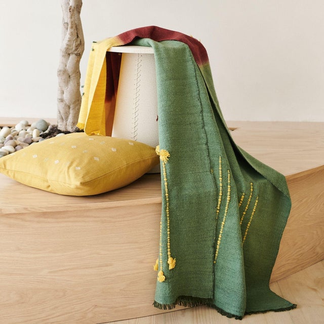 Contemporary Avocado Green Multi Color Warm Hues Hand Woven Hand Knotted Textured Merino Throw For Sale - Image 3 of 10