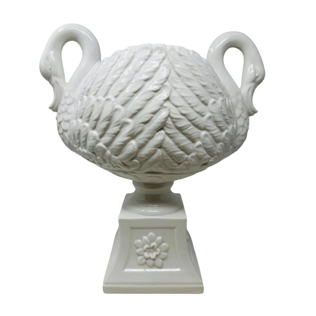 Hollywood Regency Large Vintage 1970s Italian Blanc De Chine Swan Handled Urn – 16" For Sale - Image 3 of 16