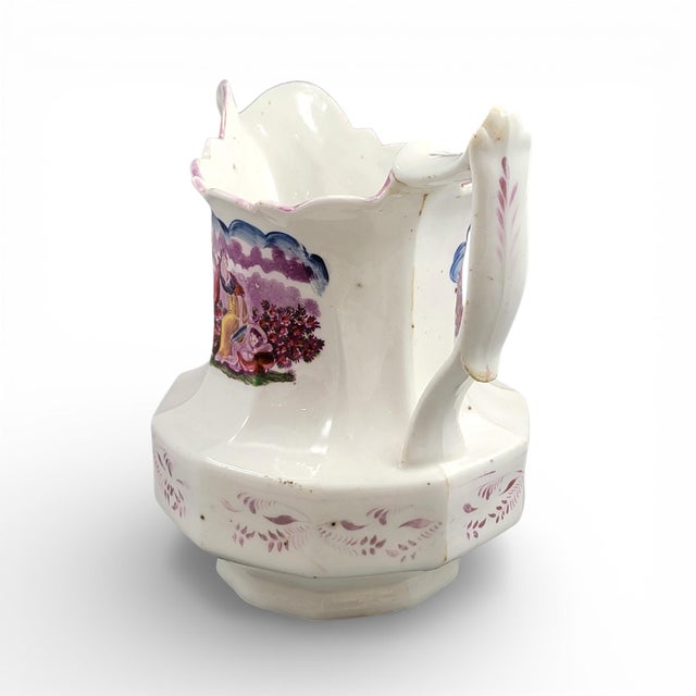 Pearlware Lustre Jug with Purple Pastoral Transfer Scene from Staffordshire, 1825-1840 For Sale - Image 6 of 10