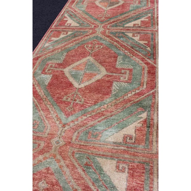 Textile Vintage Turkish Oushak Runner With Coral Red, Soft Teal, and Warm Beige For Sale - Image 7 of 12