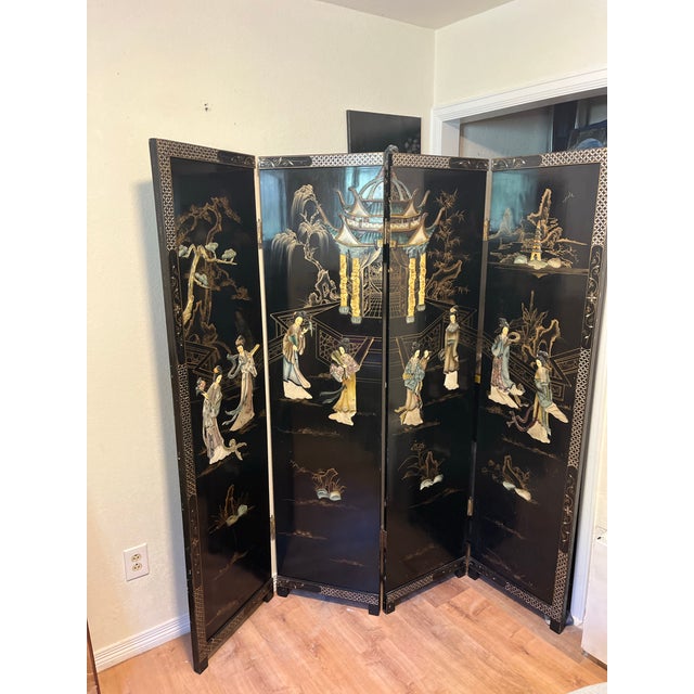 Black Mid-20th Century Chinese Black Lacquer 4-Panel Room Divider Screen With Carved Soapstone & Mother-of-Pearl Inlay For Sale - Image 8 of 9