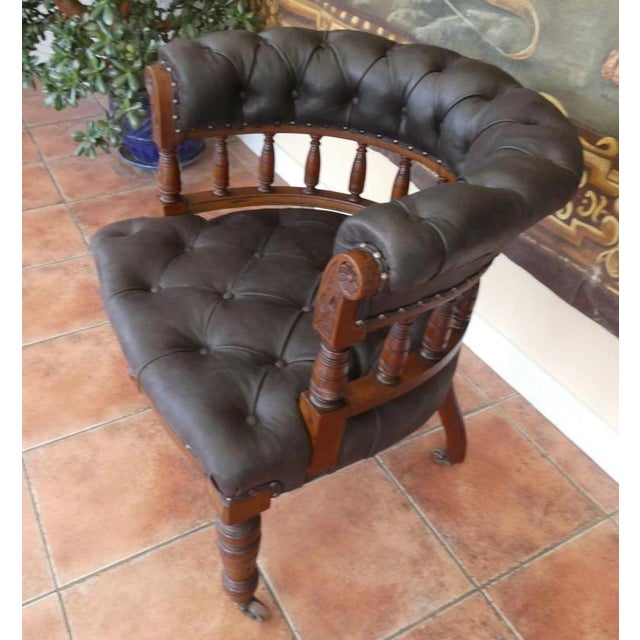 Metal Large Antique English Oak and Brown Leather Office Chair, 1830 For Sale - Image 7 of 14