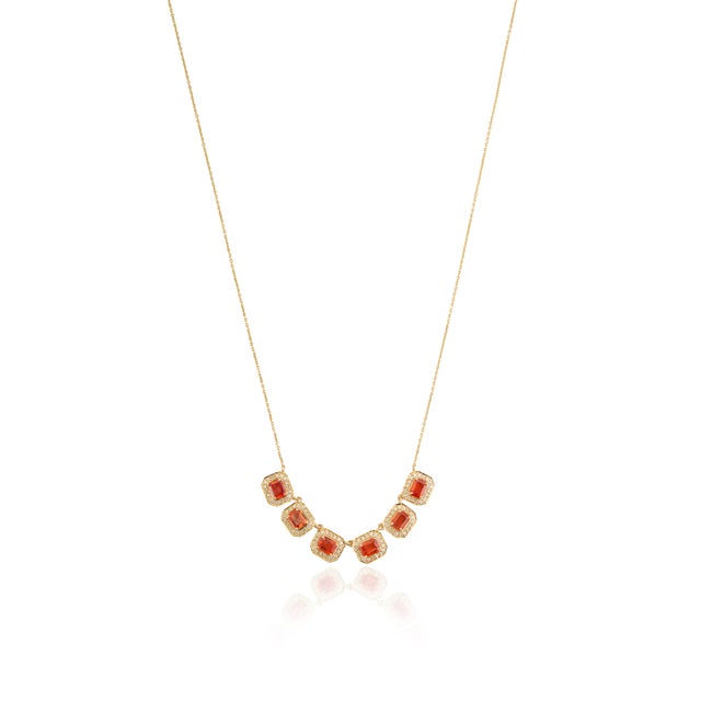 Metal 14k Yellow Gold 2.67ct Emerald-Cut Orange Sapphire Diamond Halo Station Necklace For Sale - Image 7 of 16