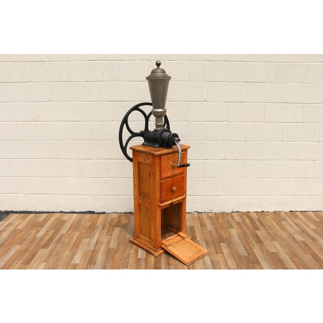 Antique Tall Standing Coffee Grinder | Cast Iron Wheel & Solid Pine Cabinet | Industrial Country Store Mill For Sale - Image 14 of 18