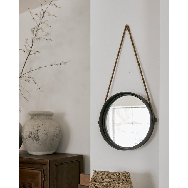 Mid-Century Modern Vintage Round Metal Mirror on Silk Rope, France For Sale - Image 3 of 18